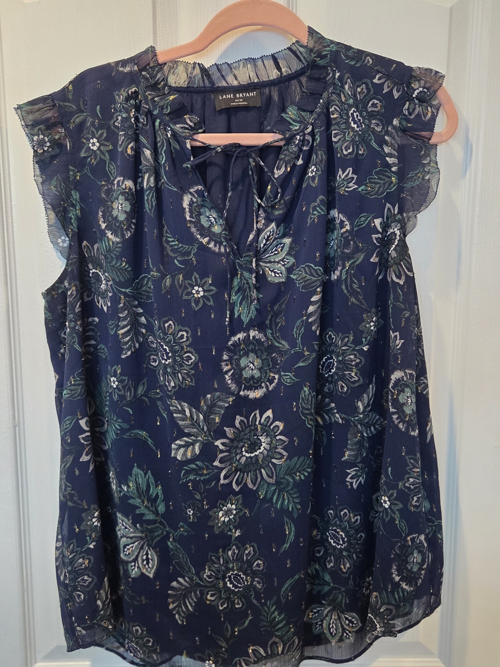 Lane Bryant Navy Floral Tie-Front Ruffle Sleeve Blouse